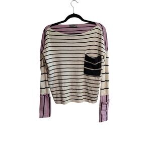 Anthropologie Striped Sweater Women XS Cream Purple Colorblock Knit Pocket